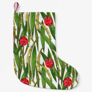 Watercolor seamless pattern with ladybugs. Against Small Christmas Stocking