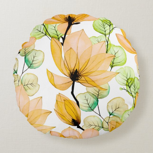 Watercolor seamless pattern with magnolia flowers  round cushion (Front)