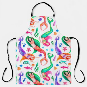 Watercolor seamless pattern with mermaids, seashel apron