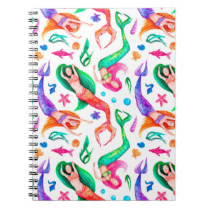 Watercolor seamless pattern with mermaids, seashel notebook