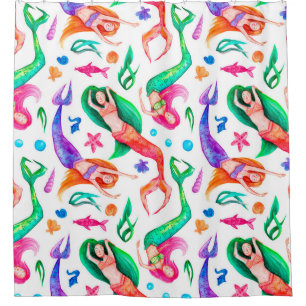 Watercolor seamless pattern with mermaids, seashel shower curtain