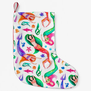 Watercolor seamless pattern with mermaids, seashel small christmas stocking