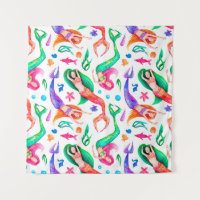 Watercolor seamless pattern with mermaids, seashel