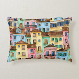 Watercolor seamless pattern with Portugal houses a Decorative Cushion