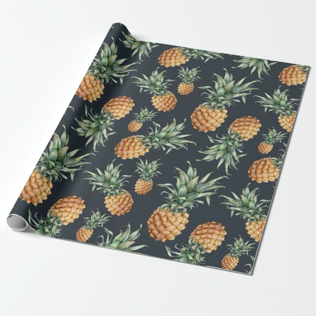 Watercolor seamless pattern with ripe pineapple. H Wrapping Paper (Unrolled)