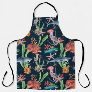 Watercolor seamless pattern with shark and laminar apron
