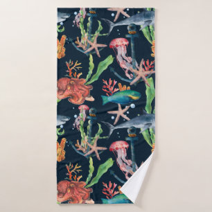 Watercolor seamless pattern with shark and laminar bath towel