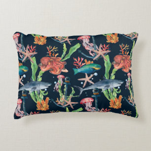 Watercolor seamless pattern with shark and laminar decorative cushion