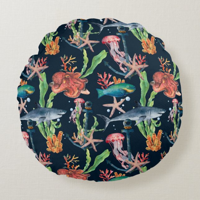 Watercolor seamless pattern with shark and laminar round cushion (Front)