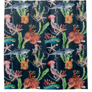 Watercolor seamless pattern with shark and laminar shower curtain