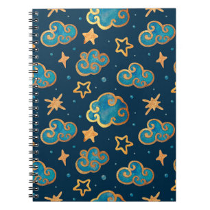 Watercolor seamless pattern with the moon, stars, notebook