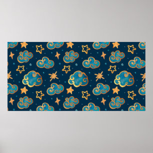 Watercolor seamless pattern with the moon, stars, poster