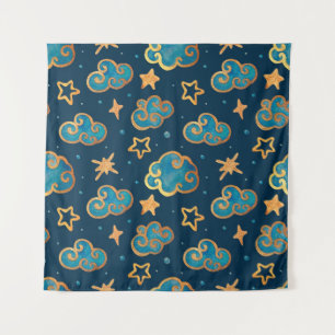 Watercolor seamless pattern with the moon, stars, tapestry