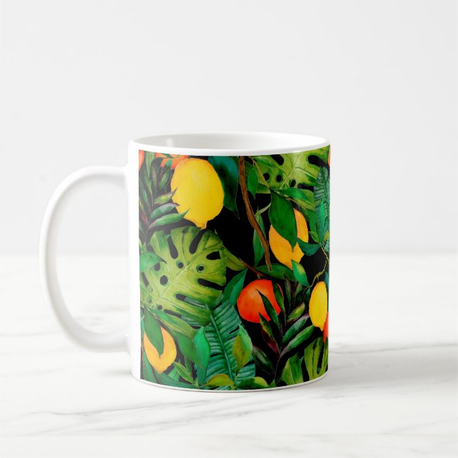 Watercolor seamless pattern with tropical leaves a coffee mug (Left)
