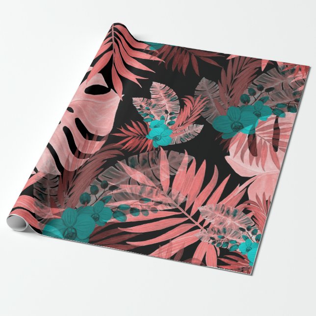 Watercolor seamless pattern with tropical plants wrapping paper (Unrolled)