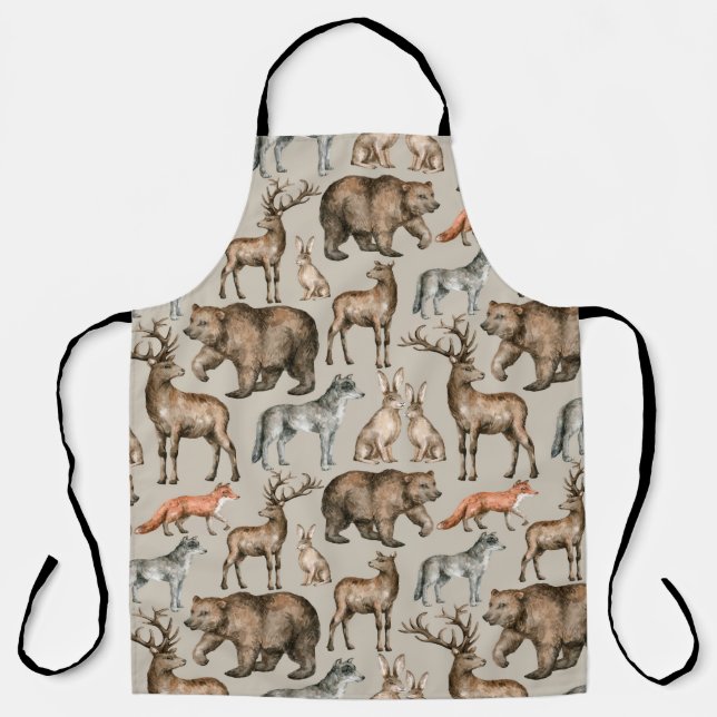 Watercolor seamless pattern with wild forest anima apron (Front)
