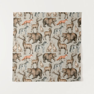 Watercolor seamless pattern with wild forest anima tapestry