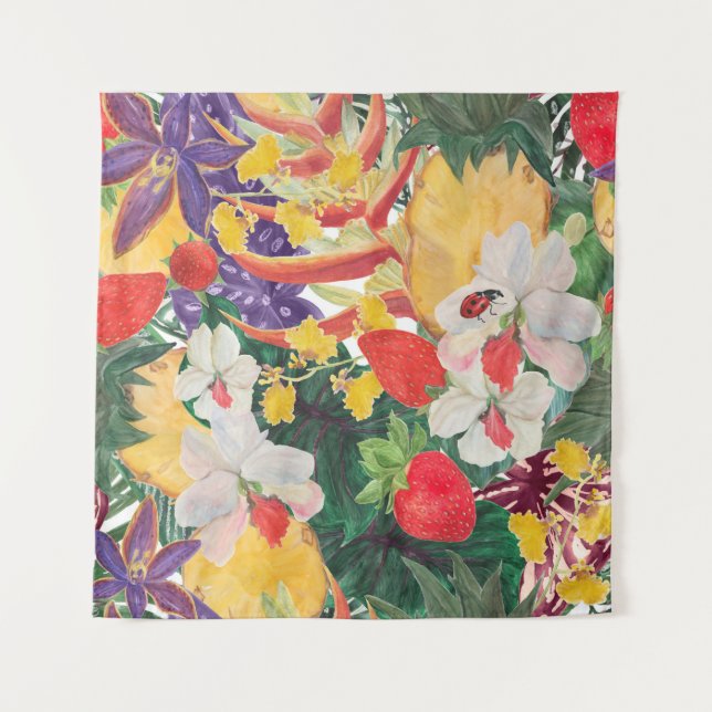 WAtercolor seamless tropical pattern with exotic f Tapestry (Front)
