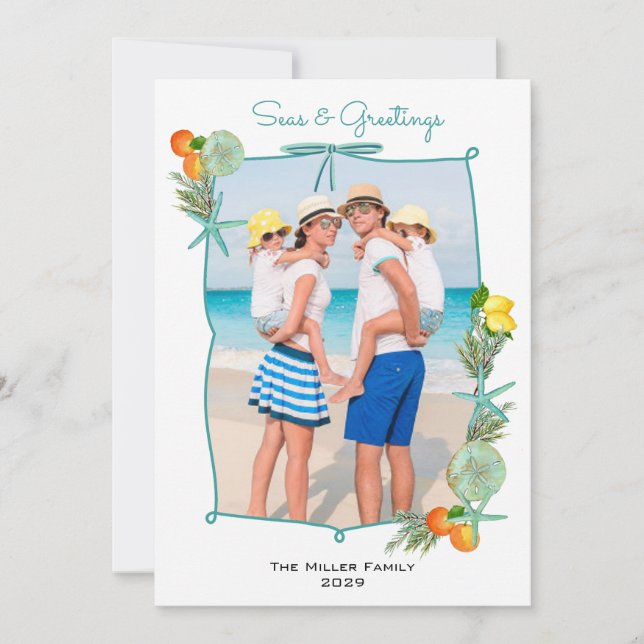 Watercolor Seas and Greetings Christmas photo Holiday Card (Front)