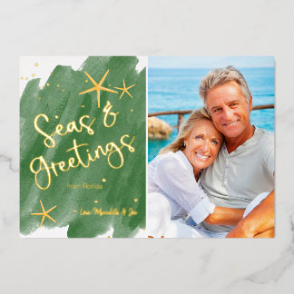 Watercolor Seas & Greetings Green Foil Holiday Card