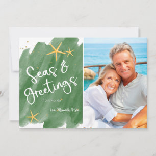 Watercolor Seas & Greetings Green Holiday Card