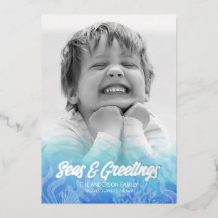 Watercolor Seas & Greetings Silver Foil  Holiday Card