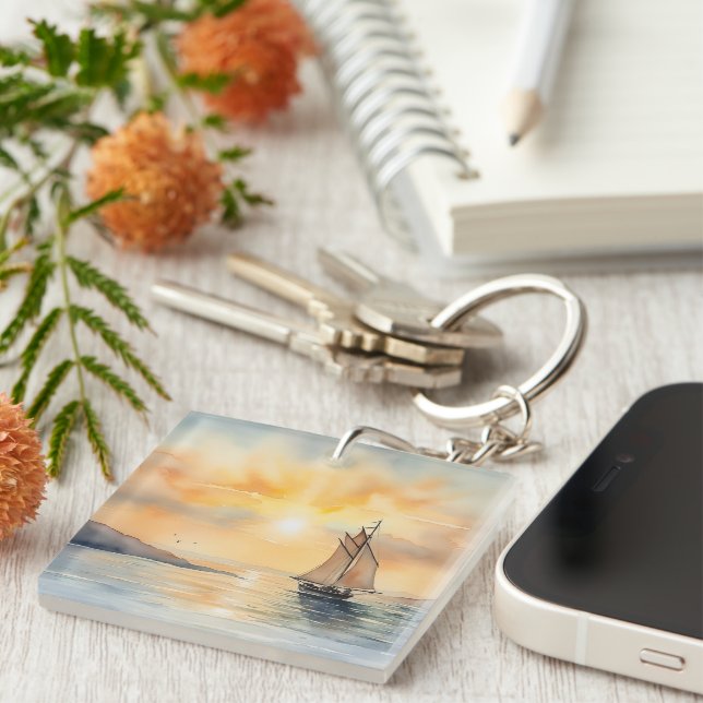 Watercolor Seascape Background  Key Ring (Front Right)