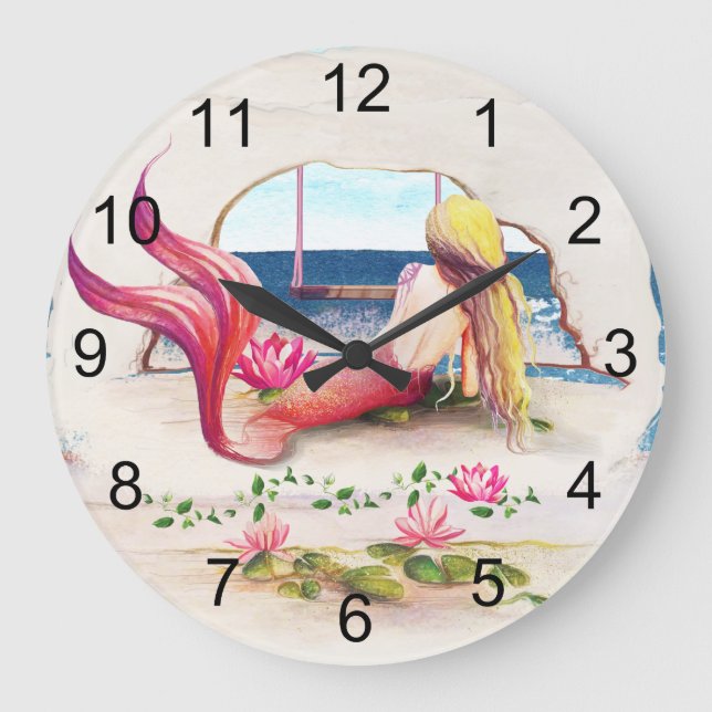 Watercolor Seascape Mermaid Ocean Large Clock (Front)