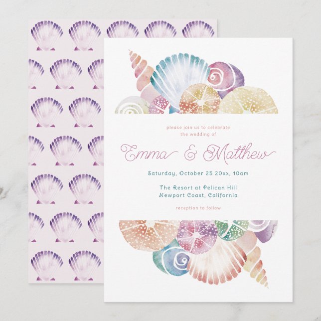 Watercolor Seashell and Mermaid-inspired Wedding Invitation (Front/Back)