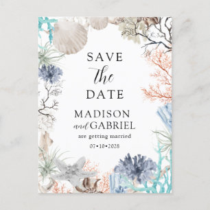 Watercolor Seashell Beach Wedding Save The Date Postcard