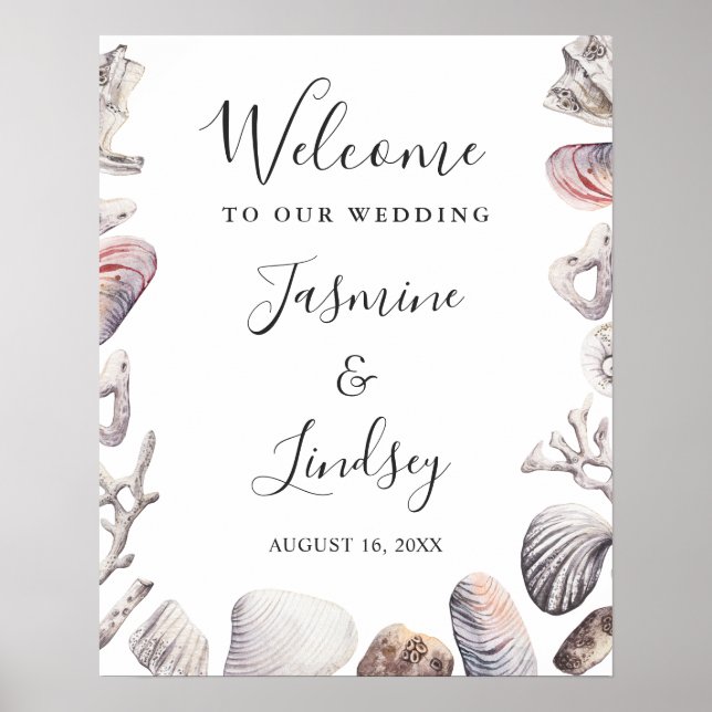 Watercolor Seashell Beach Wedding Welcome Sign (Front)