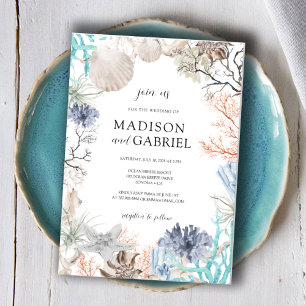 Watercolor Seashell Coral Starfish Seaside Wedding Invitation