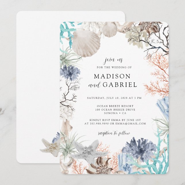 Watercolor Seashell Coral Starfish Wedding Invitation (Front/Back)