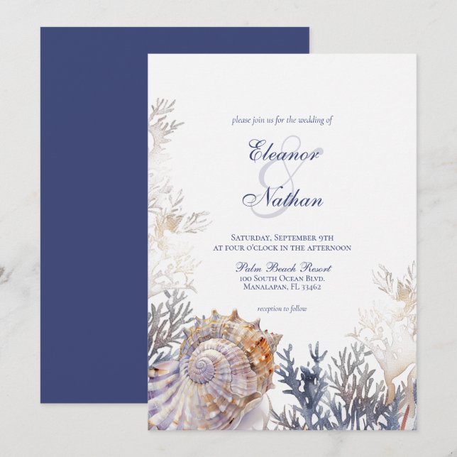 Watercolor Seashell Corals Wedding Invitation (Front/Back)