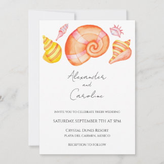 Watercolor seashell destination wedding invitation