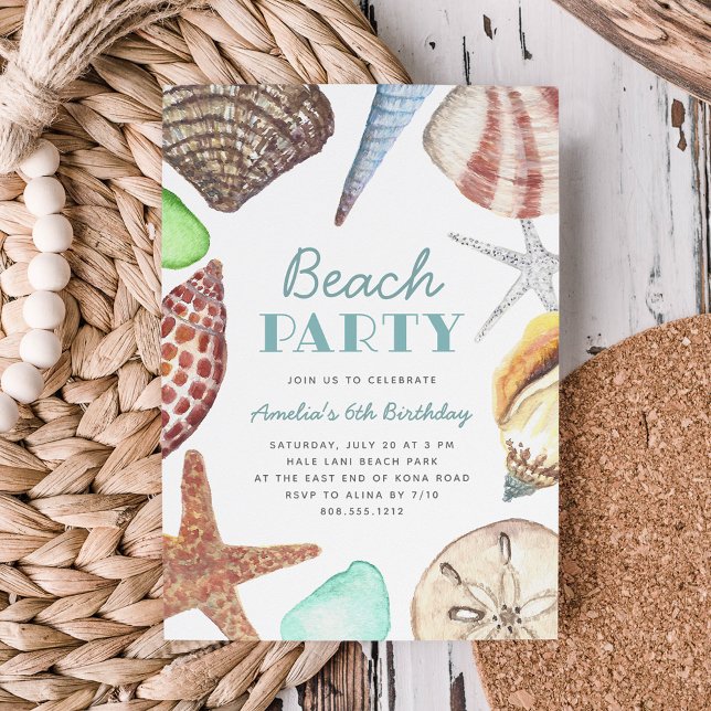 Watercolor Seashell Kids Beach Birthday Party Invitation (Creator Uploaded)