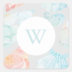 Watercolor Seashell Monogram Classic SquareSticker Square Sticker