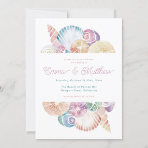 Watercolor Seashell Wedding Details Back, Qr &  Invitation