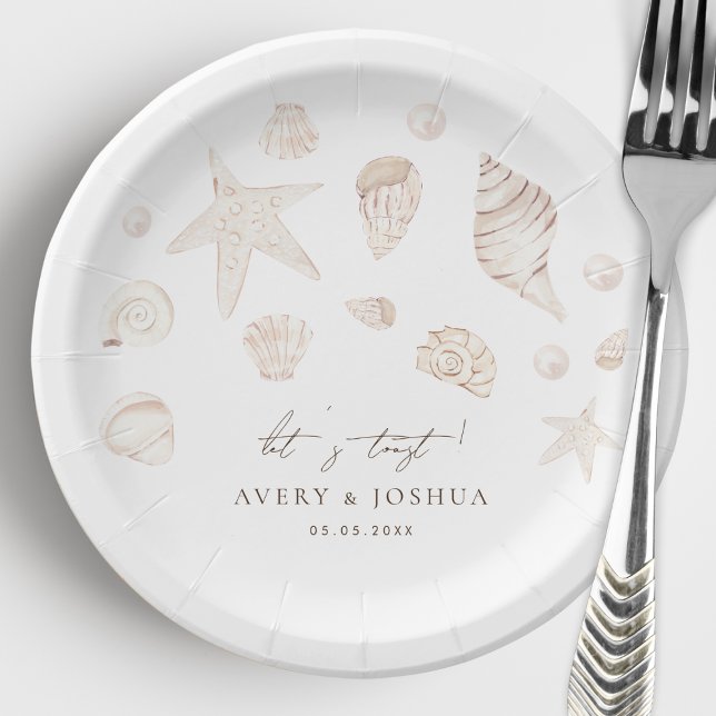 Watercolor Seashells and Pearls Coastal Wedding Paper Plate (Creator Uploaded)