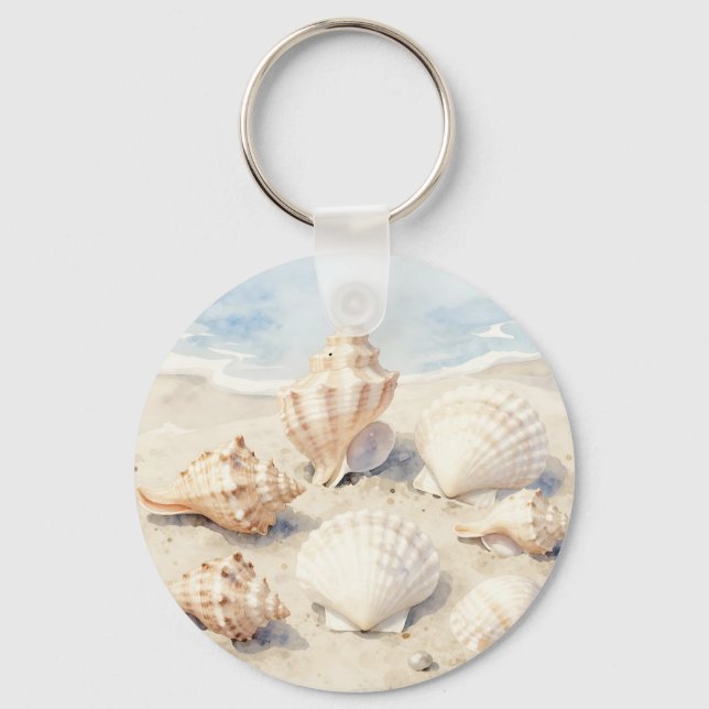 Watercolor Seashells Beach Scene Key Ring (Front)