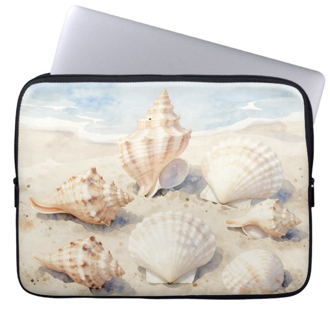 Watercolor Seashells Beach Scene Laptop Sleeve (Front)