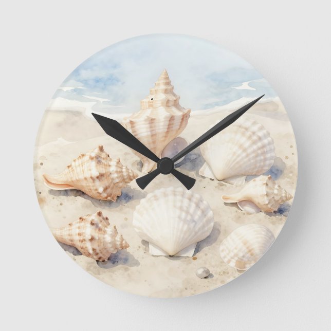 Watercolor Seashells Beach Scene Round Clock (Front)