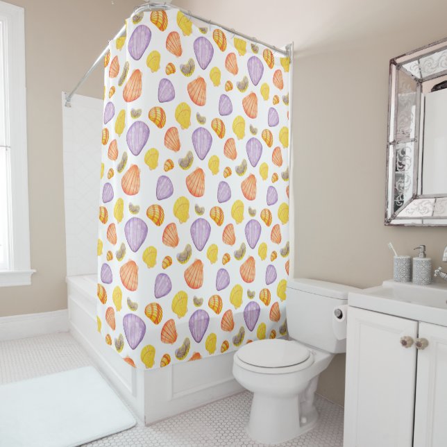 Watercolor Seashells Colourful Shower Curtain (In Situ)
