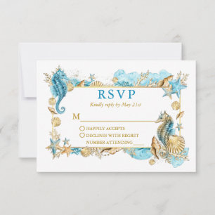 Watercolor Seashells Coral Coastal Gold Wedding RSVP Card