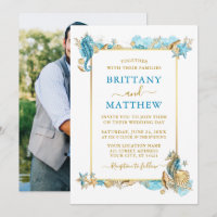 Watercolor Seashells Coral Photo Blue Wedding