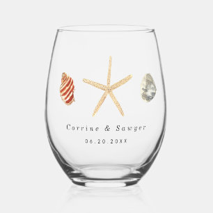Watercolor Seashells Couples Name Wedding Favour Stemless Wine Glass