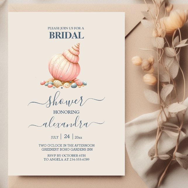 Watercolor Seashells Elegant Minimalist Bridal Sho Invitation (Creator Uploaded)