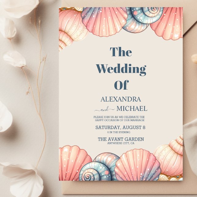 Watercolor Seashells Elegant Minimalist Wedding Invitation (Creator Uploaded)