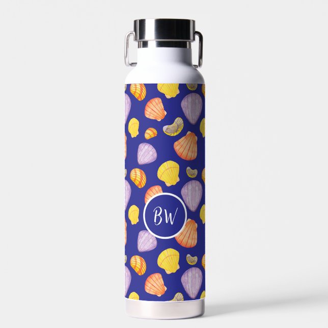 Watercolor Seashells Insulated Monogram Water Bottle (Front)