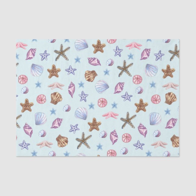 Watercolor Seashells Marine Life Light Blue  Tissue Paper (Front)
